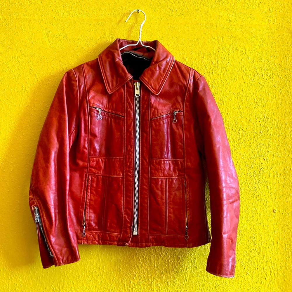 Vintage Schott Red 102W Leather Half Belt Moto Jacket- Talon Zipper- RARE